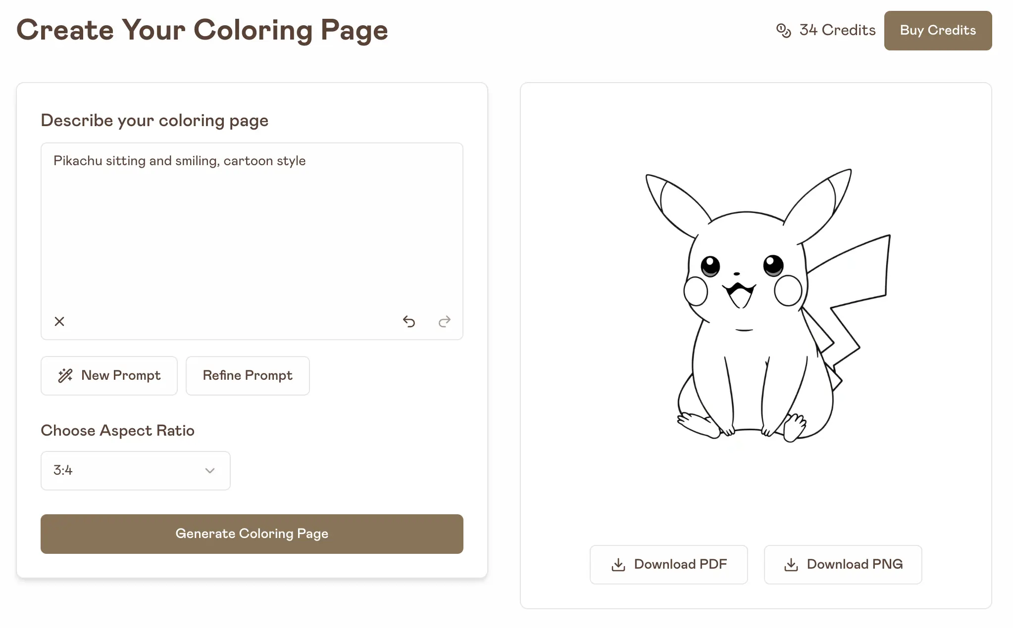 Pikachu Coloring Page Generation