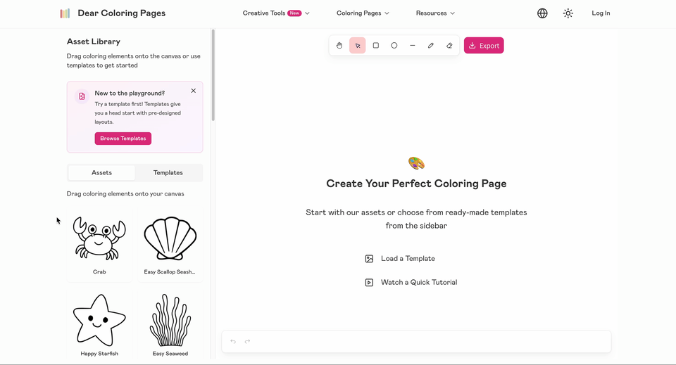 Selecting ocean animals and sea creatures from the element library - drag and drop interface showing fish, crabs, seahorses, and coral options