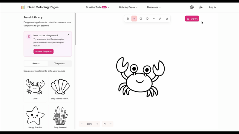 Downloading custom ocean coloring page as PDF or PNG - showing export options and final high-quality result